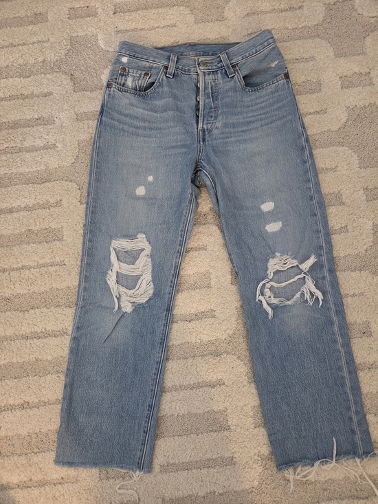 Denim - Levis 501 Distressed Women's Jeans. Size 24. Raw Hem, Ankle, Inseam 23in